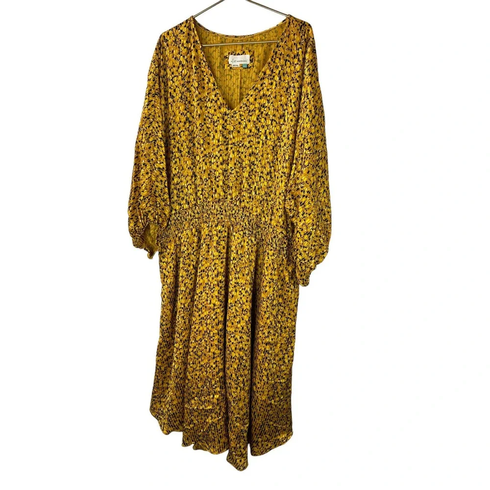 by Anthropologie Marigold Midi Dress Smocked V-Neck Gold Women's Plus Size 3X - Picture 2 of 14